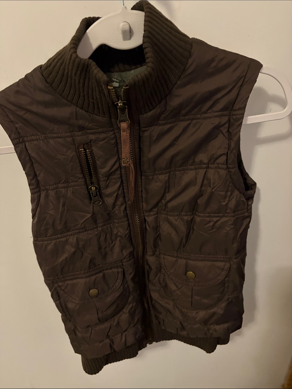 Garage Quilted Brown Women's Vest with Ribbed Collar